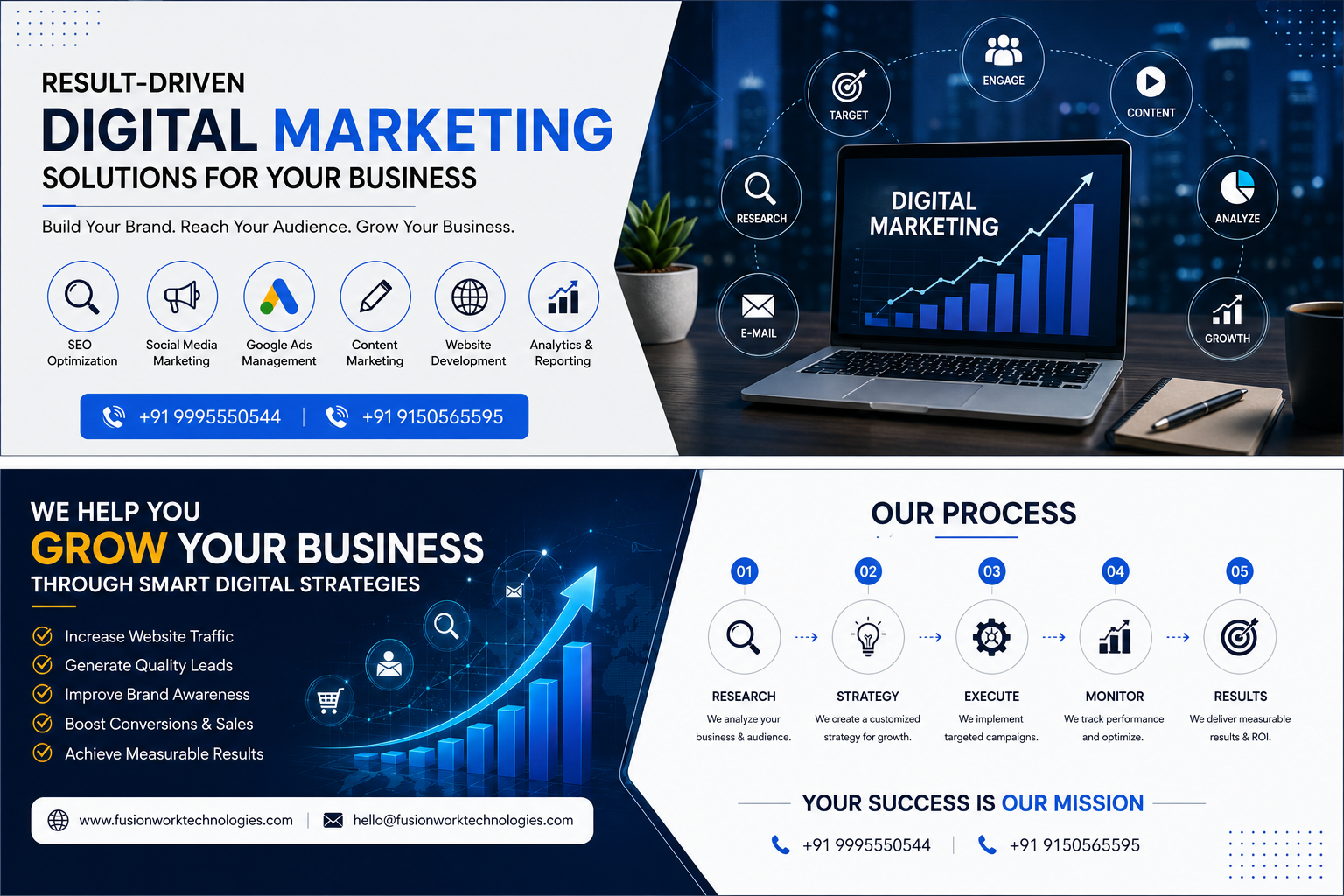 Digital marketing services including SEO, social media marketing, Google Ads, and website development strategies