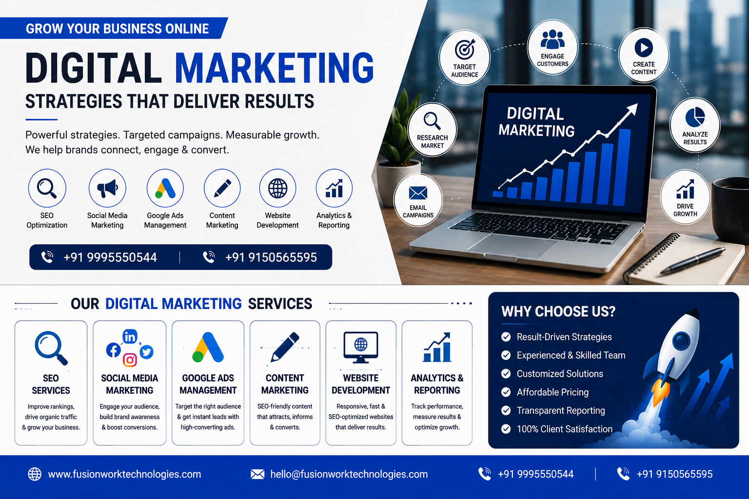 Modern digital marketing strategy illustration with SEO optimization, analytics, content marketing, and online business growth